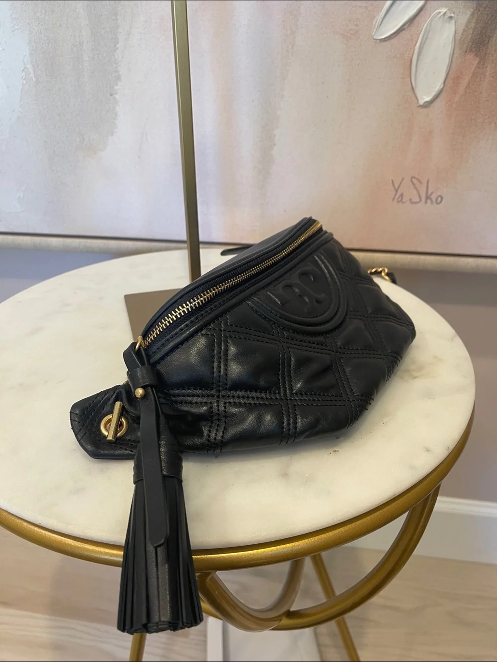 NWOT Tory Burch Black Quilted Leather Mini Belt Bag with Tassel